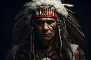 Wall Mural - Portrait tribal Indian warrior in traditional makeup and feather headdress, native American tribe male isolated on dark background, mature man of ancient civilization