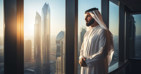 Arabic business man looking out through the office balcony seen through glass window. Arab businessman gazes out of a modern skyscraper window. Generative AI.