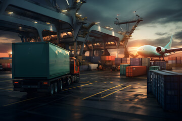 Wall Mural - a truck is unloading cargo in a container at an airport and port Generative AI