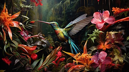 Canvas Print -  a painting of a hummingbird hovering over a flower garden.  generative ai