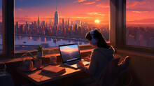 A Girl Working On A Laptop With A Head Phone Next To A Large Window With A Sunset Skyline Window View Lofi Anime Style