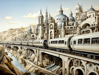 a city of the future with efficient transports, train, truck, intricate details, monochrome,