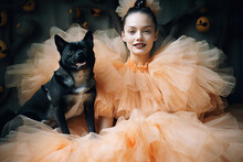 On Halloween Night, A Mysterious Woman Wearing A Vibrant Peach Dress And Accompanied By A Loyal Black Dog Stands Inside A Spooky Room Decorated With Orange Pumpkins, Evoking A Sense Of Mystery