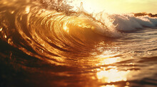 Golden Ocean Wave At Sunset.