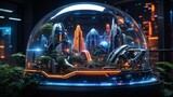 Fototapeta Nowy Jork - a view of the ancient city with lots of blue and orange lights inside a beautiful glass dome in cyberpunk style made by ai