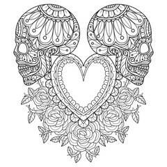 Wall Mural - Skull and rose heart hand drawn for adult coloring book