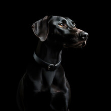 Portrait Photo Of The Purebred Black Dog With A Leather Collar, On A Studio Background.