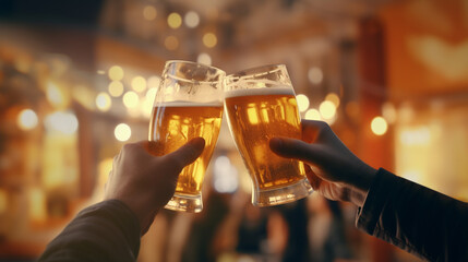 two hands holding and cheering bear-filled glasses with colorful bar background