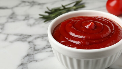 Wall Mural - Bowl of tasty ketchup on white marble table, closeup. Space for text