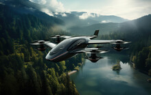 Sleek Advanced Air Mobility EVTOL Aircraft Performing A Long Range Regional Flight Over A Natural Park