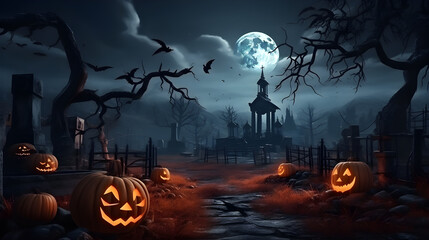 Wall Mural - Halloween festival and pumpkins in the cemetery on a night with ghosts in the night - Halloween background