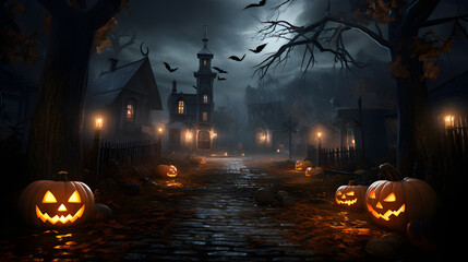 Wall Mural - Halloween festival and pumpkins in the cemetery on a night with ghosts in the night - Halloween background