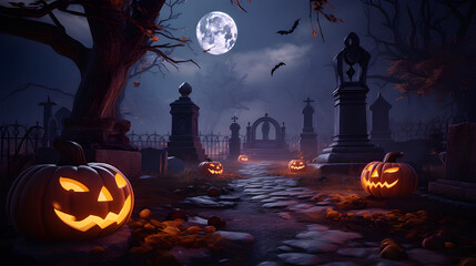 Wall Mural - Halloween festival and pumpkins in the cemetery on a night with ghosts in the night - Halloween background