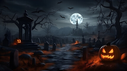 Wall Mural - Halloween festival and pumpkins in the cemetery on a night with ghosts in the night - Halloween background