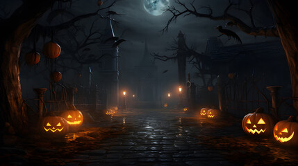 Wall Mural - Halloween festival and pumpkins in the cemetery on a night with ghosts in the night - Halloween background