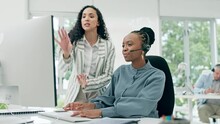 Call Center, Coaching And Training Women On Computer In Customer Support And Advice, Helping Or E Commerce Solution. Sales, Communication And Manager Or Business People Talking Or Feedback On Desktop