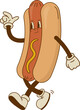 Cartoon hot dog character in retro 70s style. Street food vector illustration. Vintage bratwurst mascot poster. Nostalgia 60s, 1970s, 80s