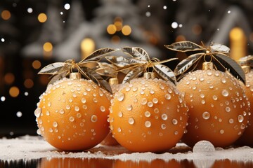 Wall Mural - Christmas decoration with tangerines and snowflakes on blurred background. Orange christmas background, created with generative ai