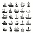 Ship icons and silhouettes in all black colors. 