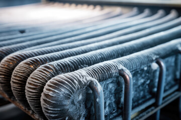 Macro shot of a chiller's evaporator coil with frost forming on the surface in a refrigerated warehouse