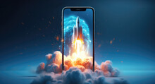 Modern startup business success concept rocket jet speed on mobile phone. Space rocket takes off from mobile device with smoke, creative idea, Acceleration and successful startup, generative ai