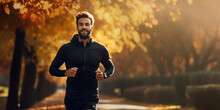 Man Runner Running In Park At Autumn Morning. Healthy Lifestyle Concept.  Marathon And Fitness Healthy Lifestyle , Generative Ai