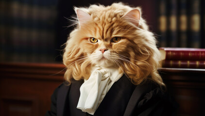 Portrait of a ginger cat as a judge in a courtroom