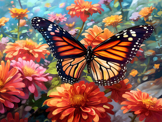 Butterfly with large wings on field flowers. Bright illustration.. Ai Generative