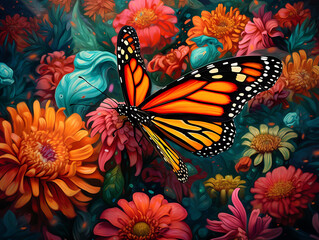 butterfly with large wings on field flowers. bright illustration.. ai generative