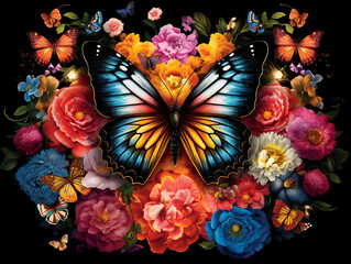 Butterfly with large wings on field flowers. Bright illustration.. Ai Generative