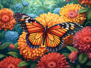 Butterfly with large wings on field flowers. Bright illustration.. Ai Generative