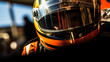 The driver's helmeted reflection in the car's rearview mirror, capturing their focus during a crucial pit stop 