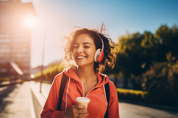 Portrait of young woman with curly short back hair enjoying life and listening music on wireless headphones.