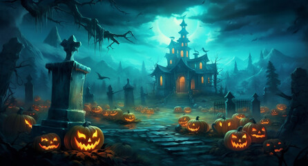 Wall Mural - halloween holiday bat grave pumpkin cemetery horror night moon dark. Generative AI.