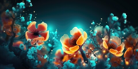 Beautiful abstract coral, turquoise, and yellow night photo floral design background banner. beautiful Generative AI AIG32