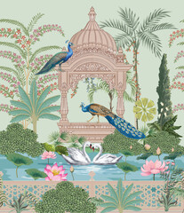 mughal garden, peacock, swan, arch, temple, bird and lake with lotus vector illustration for wallpap