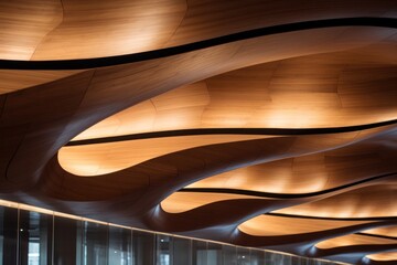 A vibrant amber glow illuminates an abstract and symmetrical art piece composed of a curved glass wall and illuminated ceiling, creating an entrancing and unique indoor building experience