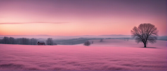 Wall Mural - Winter wallpaper. A tree standing alone on a snowy field against a pink frosty sunset sky. Beautiful winter nature scene.