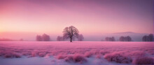 Winter Wallpaper. A Tree Standing Alone On A Snowy Field Against A Pink Frosty Sunset Sky. Beautiful Winter Nature Scene.