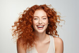 Generative AI closeup portrait of amazing young red hair woman attractive appearance isolated over colorful background