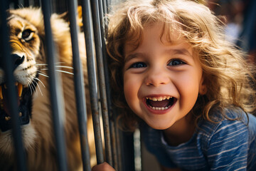 Canvas Print - Generative ai collage photo of cute kid explore nature care for wild animal