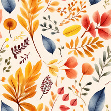 Watercolor Seamless Pattern With Fall Flowers And Leaves, Pressed Flower Autumn Watercolor Illustration With A Light Beige Background, Unique Floral Graphic Design