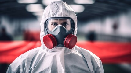 An engineer working in the nuclear field, wearing a gas mask and protective suit