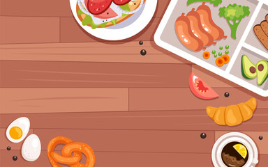 Wall Mural - Food wooden table lunch meal banner abstract concept. Vector flat graphic design illustration