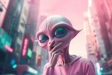 Pink Aliens Look At Phone, Roaming And Internet Outside The Galaxy. Emotional Alien On The Background Of The City. Generative Ai.