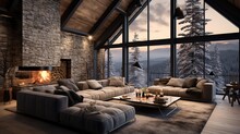 Cozy Modern Winter Living Room Interior With A Modern Fireplace In A Chalet