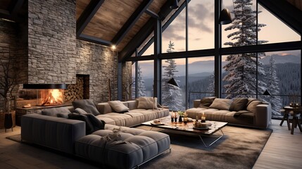 Cozy modern winter living room interior with a modern fireplace in a chalet