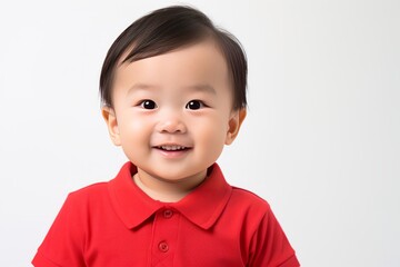 2 years old little asian baby boy wearing red T-shirt. Portrait photo taken against a white background.