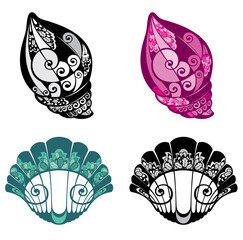 Sticker - Two seashells. Vector illustration in doodle style. Contour icons, badges.