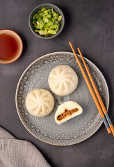 Wall Mural - Food photography of steamed bun, bao, duck meat, spring onion, chinese, dough, dumpling, asian, stuffed, meat, savoury pastry, vietnam